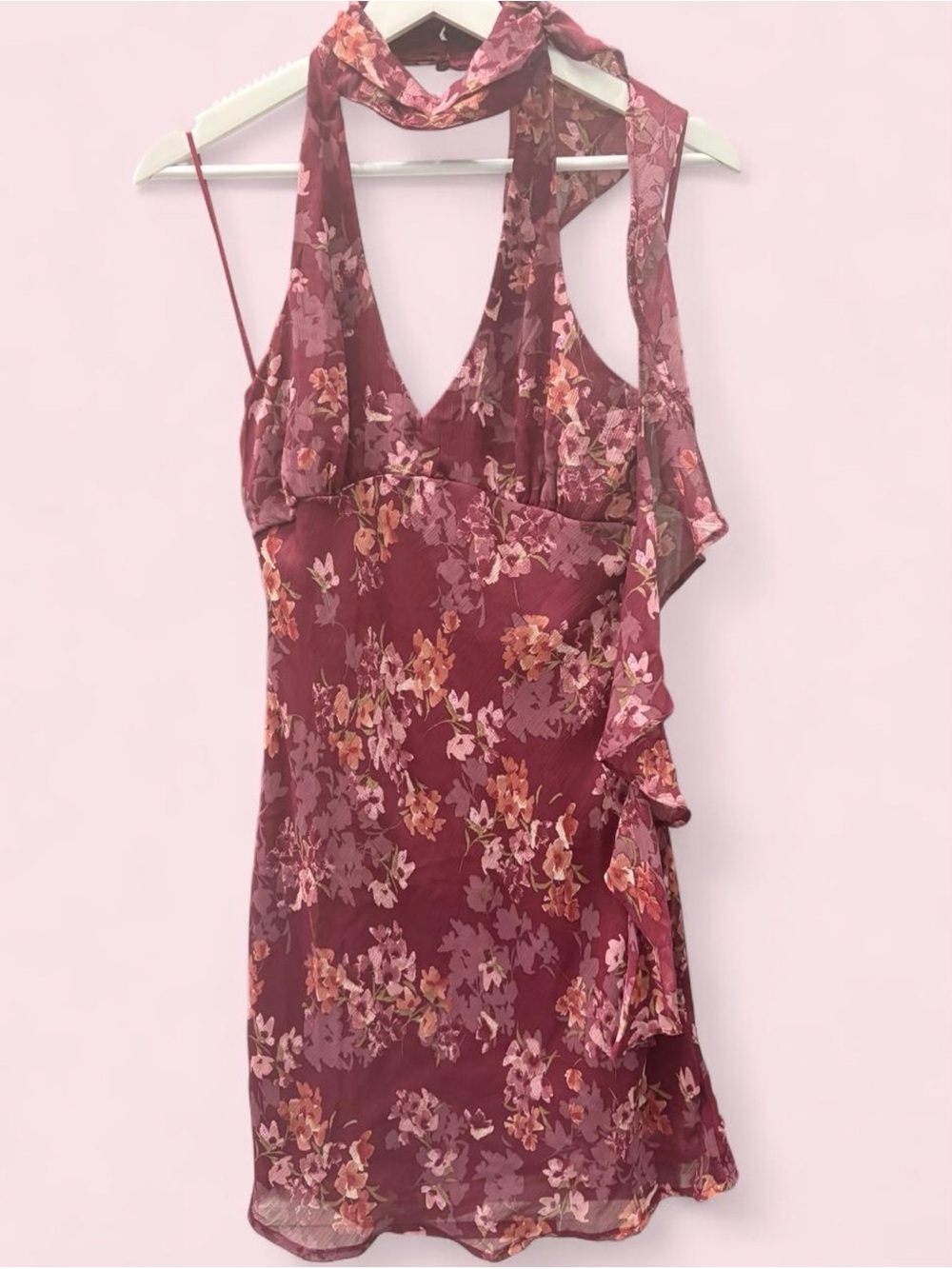 Floral Ruffle V-Neck Slip Dress in Berry